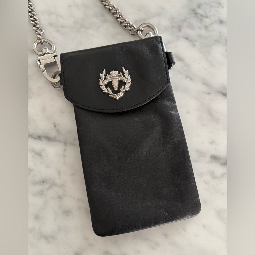 Rudsak black leather pouch for phone or anything long silver chain strap